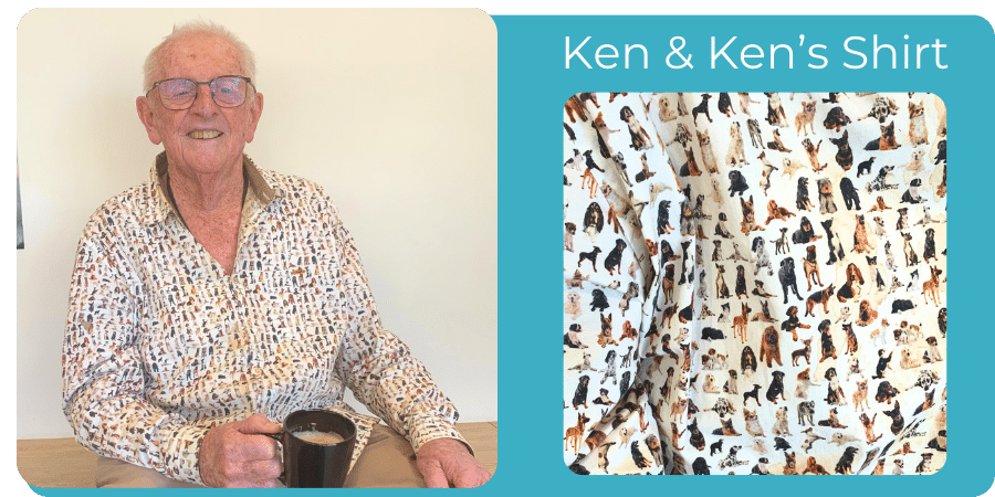 Happy Paws clinic visitor of the hooman kind, Ken displaying is awesome dog print shirt