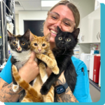 Happy Paws Vet nurse cuddling three kitty cats