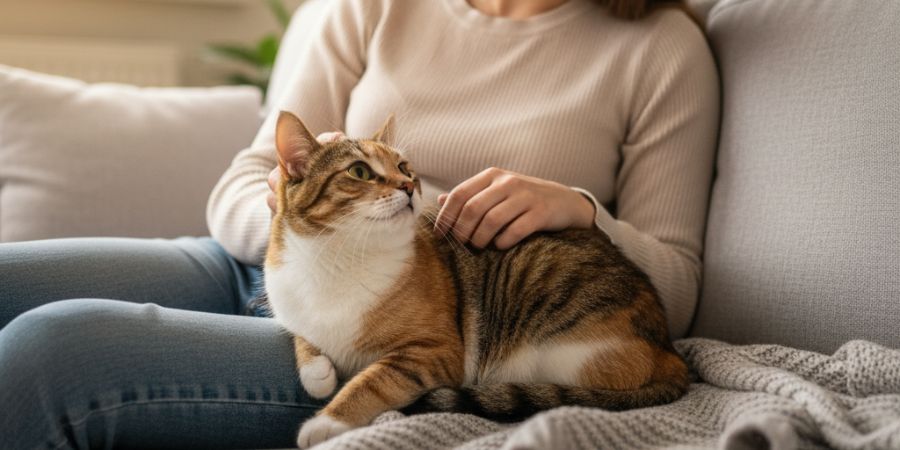 Woman cuddling a relaxed tabby cat.