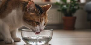 Cat drinking water from bowl.