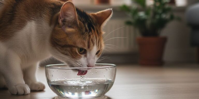 Cat drinking water from bowl.