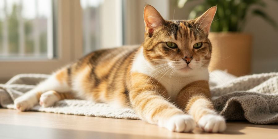 Relaxed cat lounging in sunlight.