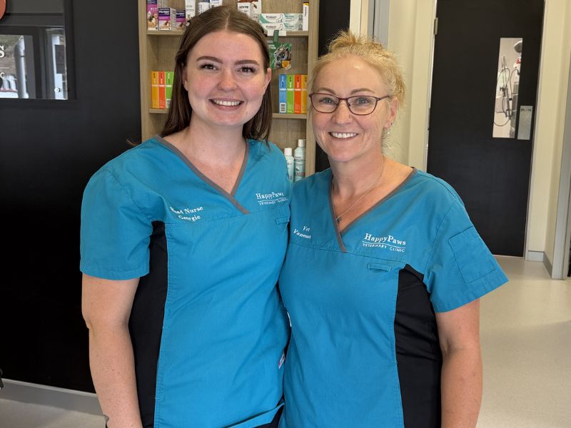 Two smiling veterinary professionals in scrubs.