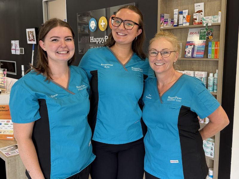 Three smiling veterinary staff members